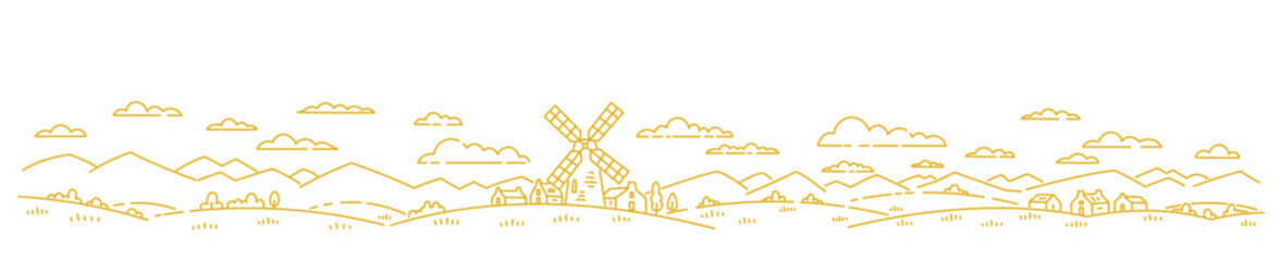 Rural landscape with a mill. Vector line. Editable outline stroke.