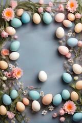Easter eggs and spring flowers on blue wooden background, top view