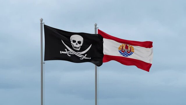 French Polynesia flag and Corsair flag waving together on cloudy sky, endless seamless loop, two country relations concept