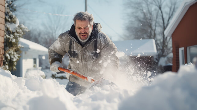 Hispanic senior man removing snow from a path with a shovel on a snowy day. Snow shoveling close-up.