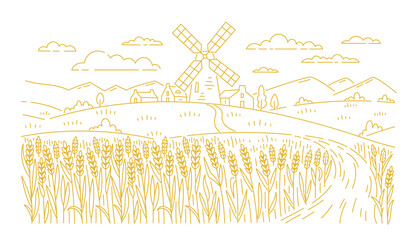 Rural landscape field with a mill. Wheat spikelet in the foreground. Vector line. Editable outline stroke. - obrazy, fototapety, plakaty