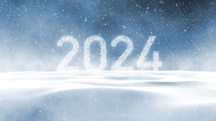 2024 new year greetings card on snowy and wavy illustration background.