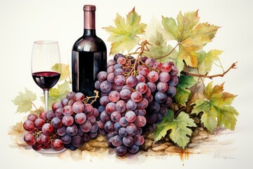 Set of white watercolor grapes and wine isolated on white. AI Generated