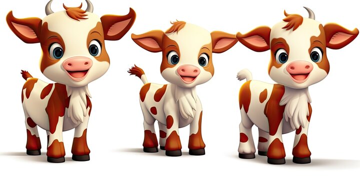 Little baby cow plush with amazing cute eyes.. 3 in one pic. White transparent background. Generative AI Technology