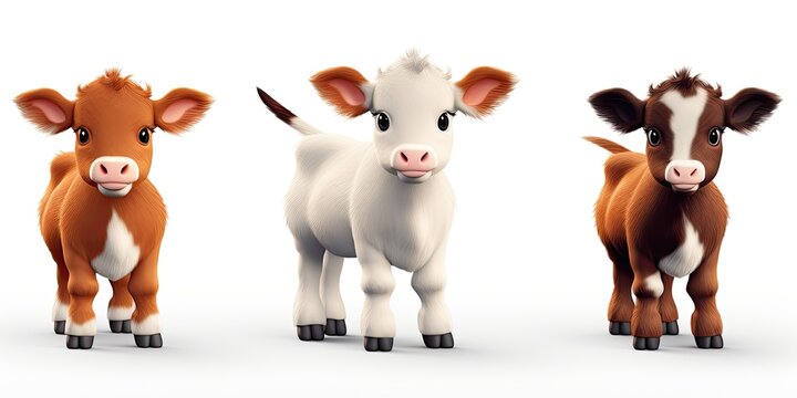 Little baby cow plush with amazing cute eyes.. 3 in one pic. White transparent background. Generative AI Technology