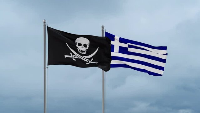 Greece flag and Corsair flag waving together on cloudy sky, endless seamless loop, two country relations concept