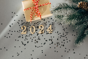 happy new year 2024 background new year holidays card with bright lights, gifts