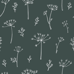 Vector seamless pattern with hand drawn dill umbels and twigs. Beautiful ink drawing, vintage botanical style. Perfect for prints and patterns - obrazy, fototapety, plakaty