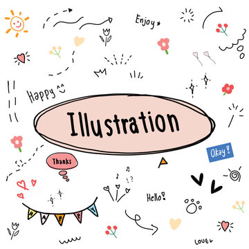 Doodle set illustration, including text word heart sun flower arrow line, by nice handwriting and colorful as a vector