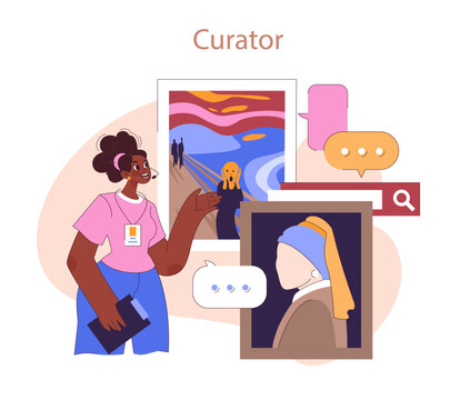 Museum or art gallery. Female curator enthusiastically discusses artworks, engaging viewers with classic masterpieces. Culture and history of arts educational course. Flat vector illustration