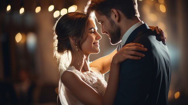 Eternal Love: Just Married Couple Embracing in Illuminated Darkness