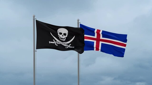 Iceland and Corsair flag waving together on cloudy sky, endless seamless loop, two country cooperation concept