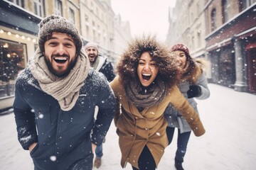 Smiling portrait of young group of student friends enjoying time together on winter city. Young adult people having fun during christmas vacation outdoors. - obrazy, fototapety, plakaty