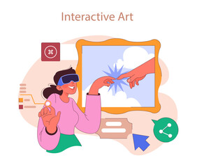 Museum or art gallery. Enthusiastic woman wearing a VR glasses interact with art, connecting with the digital canvas through touch. Virtual exhibit. Flat vector illustration