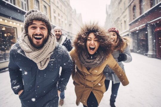 Smiling portrait of young group of student friends enjoying time together on winter city. Young adult people having fun during christmas vacation outdoors.