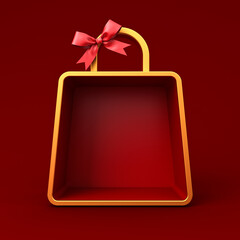 Blank gift shopping bag display showcase products mock up stand isolated on dark red background minimal creative idea concepts for christmas new year valentines days sale 3D rendering