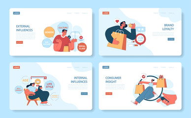 Fototapeta na wymiar Consumer behavior web or landing set. Purchase journey. Mind psychology, decision process to buy and use a product or service. Marketing strategy building, commerce campaign. Flat vector Illustration
