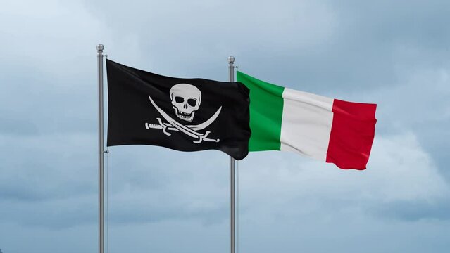 Italy and Corsair flag waving together on cloudy sky, endless seamless loop, two country cooperation concept