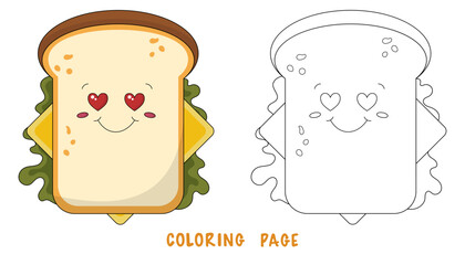 Coloring page of funky cute sandwich for breakfast for design element. Bright colorful children's illustration in cartoon style. Сhildren's coloring book with color example.