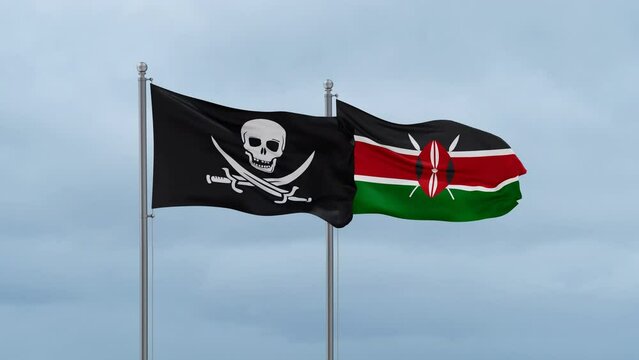 Kenya flag and Corsair flag waving together on cloudy sky, endless seamless loop, two country relations concept