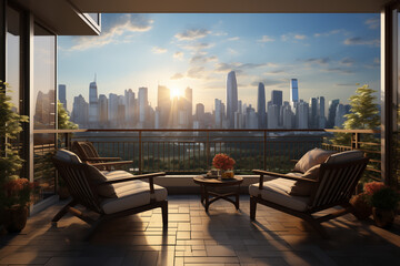terrace with city view - obrazy, fototapety, plakaty