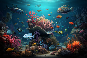 Naklejka na ściany i meble Colorful Fishes, corals, and nature lifes under blue sea