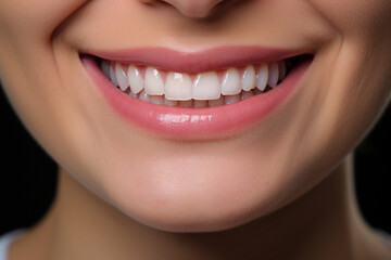 Fototapeta premium Closeup of healthy smile teeth woman. Detal mouth care.