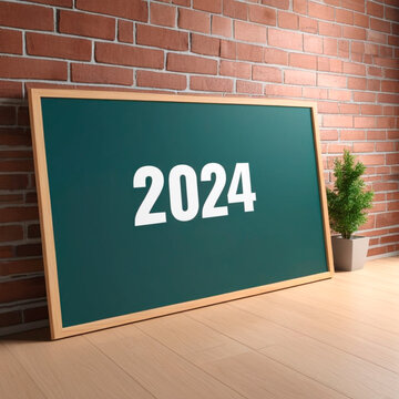 2024 on blackboard in room with brick wall, 3d render