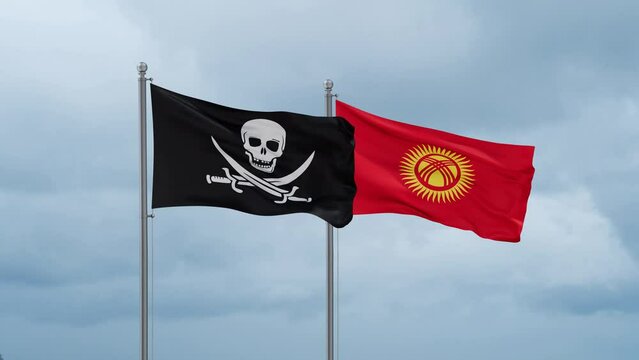 Kyrgyzstan flag and Corsair flag waving together on cloudy sky, endless seamless loop, two country relations concept