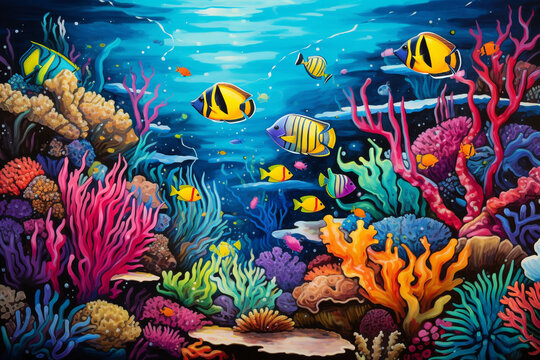 Colorful Fishes, corals, and nature lifes under blue sea