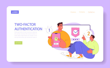 Two-Factor Authentication concept. Smiling user secures his device with password and approved check. Safety steps for online data. Enhanced login protection. Flat vector illustration.