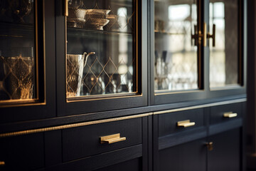 Detail of a black cabinet door in beautiful hall. Elegant luxury interior. Generative AI illustration