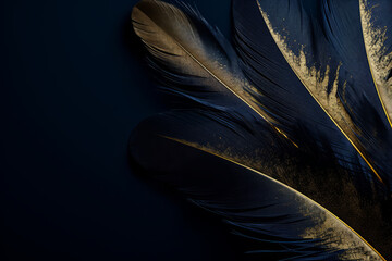 Luxurious dark blue feather with gold splatter glistering dust on dark blue background. Generative AI