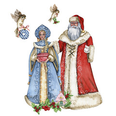 Watercolor composition of Santa Claus ,Snow maiden and sparrows. Greeting New Year's card, Santa Claus with long white beard. Santa in red coat with white ornament. Handmade painting.