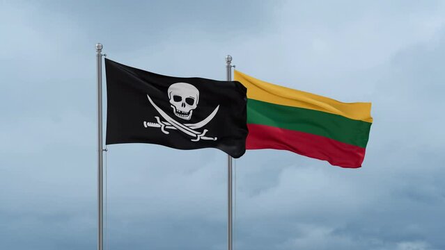 Lithuania flag and Corsair flag waving together on cloudy sky, endless seamless loop, two country relations concept