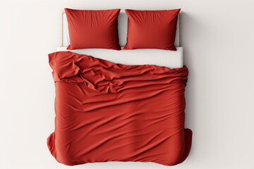Mockup of sleek bed featuring pillows and blanket. Bedroom, view from above. Generative AI