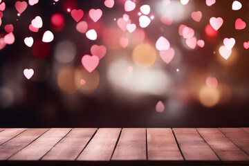 Empty wooden table and blurred Valentines day background. Generative AI - obrazy, fototapety, plakaty