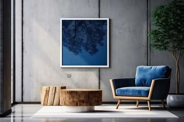 Wooden coffee table near blue fabric chair against concrete wall with poster frame. Scandinavian interior design of modern living room. Generative AI