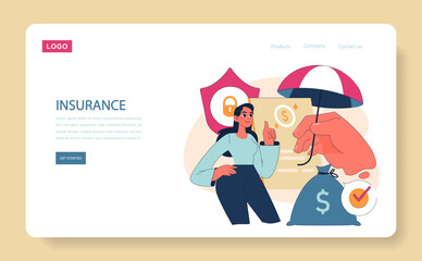 Comprehensive Insurance Concept. Confident woman acknowledging protection benefits with thumbs-up. Umbrella shields monetary assets. Security, coverage and assurance emphasized. Flat vector web.