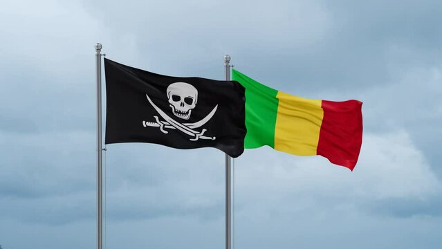 Mali and Corsair flags waving together on cloudy sky, endless seamless loop, two country relations concept
