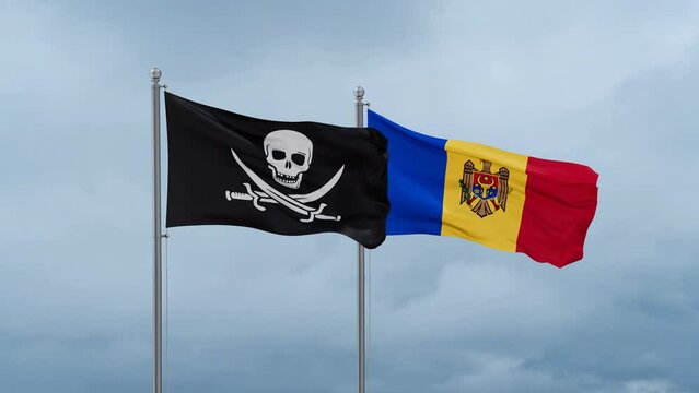 Moldova and Corsair flag waving together on cloudy sky, endless seamless loop, two country cooperation concept