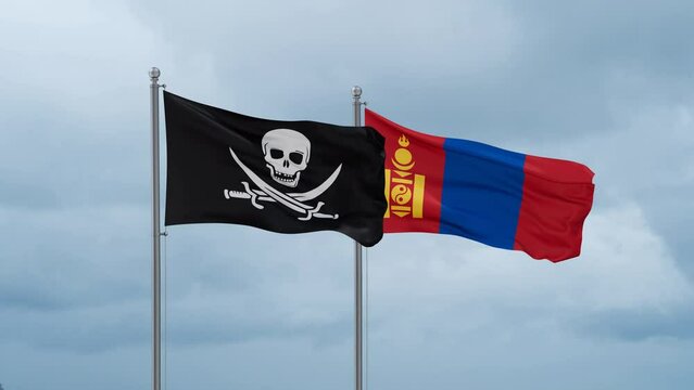 Mongolia and Corsair flag waving together on cloudy sky, endless seamless loop, two country cooperation concept