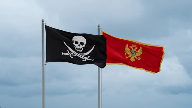 Montenegro and Corsair flag waving together on cloudy sky, endless seamless loop, two country cooperation concept