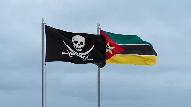 Mozambique and Corsair flag waving together on cloudy sky, endless seamless loop, two country cooperation concept
