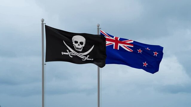 New Zealand and Corsair flag waving together on cloudy sky, endless seamless loop, two country cooperation concept