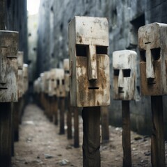 a group of wooden statues with faces