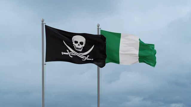 Nigeria flag and Corsair flag waving together on cloudy sky, endless seamless loop, two country relations concept