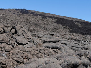 Piton de la Fournaise summit, active volcano with lava flows of different age, Reunion. Ropy Pahoehoe lava flows