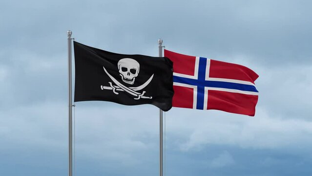 Norway flag and Corsair flag waving together on cloudy sky, endless seamless loop, two country relations concept