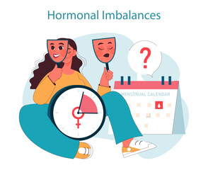 Hormonal imbalances. Woman evaluates hormonal imbalances using masks, highlighting fluctuating moods with menstrual calendar. Reproductive health awareness. Flat vector illustration